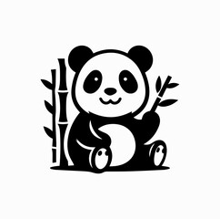 Obraz premium Black Vector Logo of Happy Panda Sitting and Eating Bamboo — Cute Animal Mascot for Kids or Eco-Friendly Branding