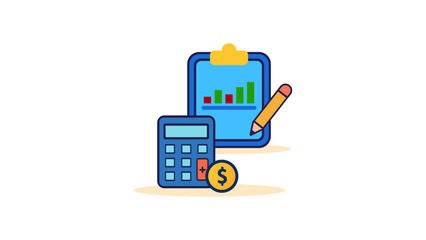 Glossy finance icon with calculator, chart clipboard, pencil, and coin, ideal for budgeting and accounting visuals