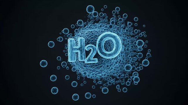 Abstract Digital Animation Of H2O Formula With Blue Glowing Particles On Black Background