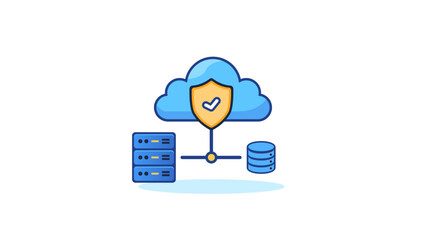Glossy cloud security icon with shield, server, and database, ideal for secure cloud storage and network protection