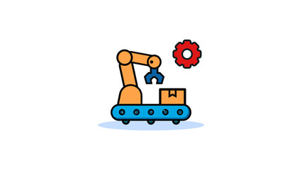 Glossy robotic arm icon on conveyor with gear and box, ideal for automation, industry, and smart manufacturing visuals