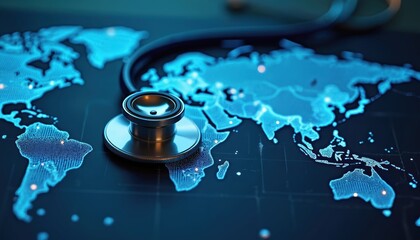 Stethoscope rests on glowing digital world map global healthcare connectivity. Medical instrument on abstract blue earth graphic suggests international medicine, telemedicine, digital health networks.