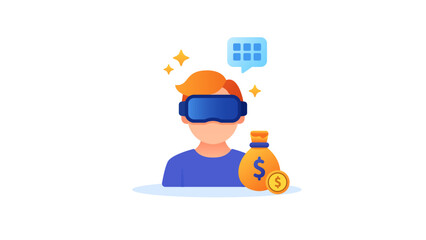 Glossy VR user icon with money bag and sparkles, ideal for virtual reality business, metaverse economy, and digital finance concepts