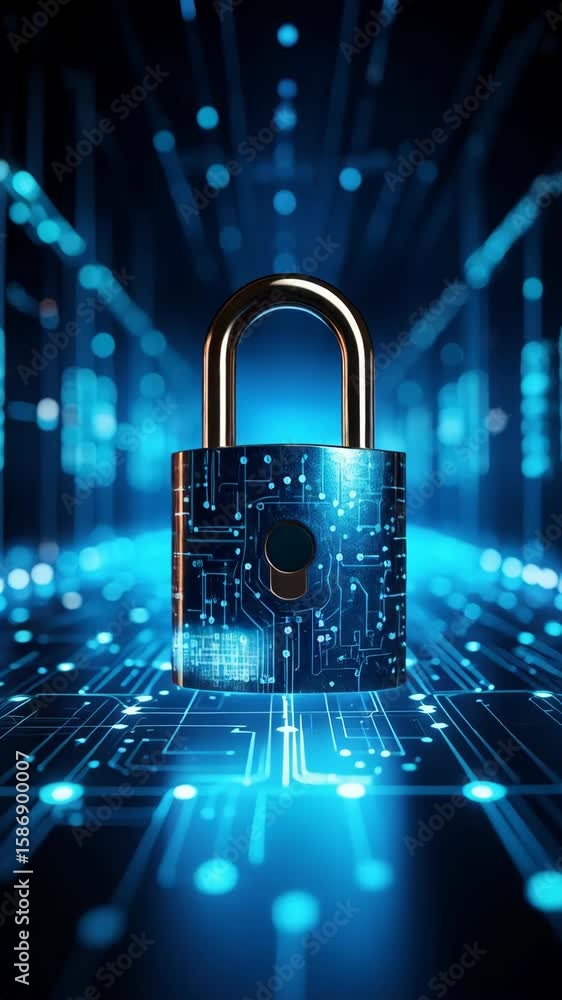 Poster secure digital network padlock with circuit board design and glowing blue connections for cybersecur