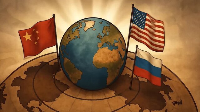 Global geopolitical tension with the flags of China, the USA, and Russia prominently displayed around a rotating globe, set against an aged map background with sun rays symbolizing international power