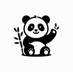 Obraz premium Black Vector Logo of Happy Panda Sitting and Eating Bamboo — Cute Animal Mascot for Kids or Eco-Friendly Branding