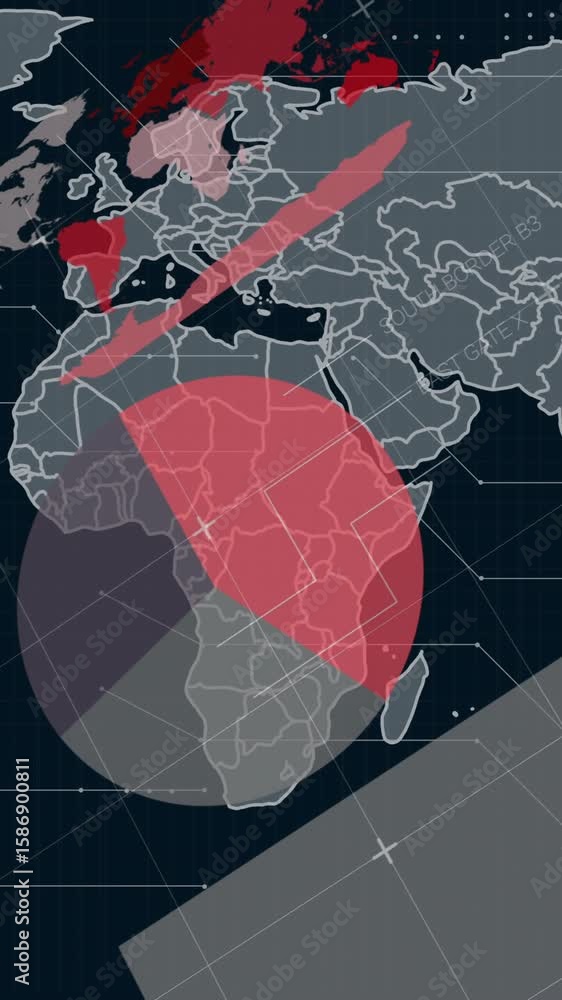 Poster animation of world map with red data visualizations and percentage statistics