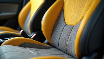 Close-up of modern car featuring striking yellow, gray design combination. Upholstered in textured fabric, smooth leather accents, offering comfort, style. Seatbelt visible, hinting at safety, travel.
