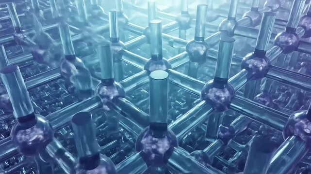Abstract Geometric Structure With Blue And Purple Coloration And Glassy Sphere Elements Creating 3D Perspective