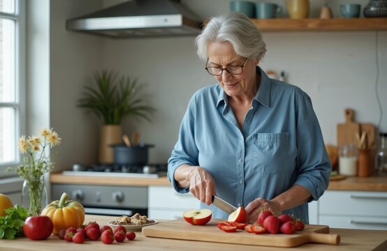 Mature woman slices apple preparing healthy breakfast in sunlit kitchen. She enjoys cooking fresh fruit, berries for wellness routine. Captures candid moment of senior adult enjoying home lifestyle.