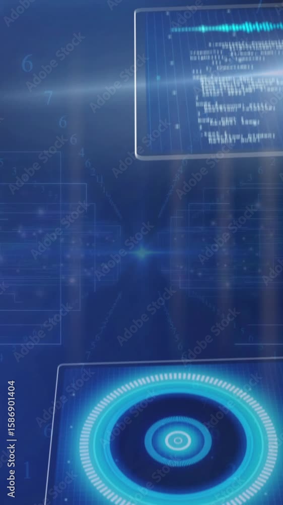 Poster analyzing data graphs and sound waves, digital interface on blue background
