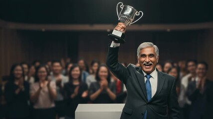 Happy senior Indian businessman holding a trophy. Successful older man celebrating a victory at an awards ceremony in front of an audience. - Powered by Adobe