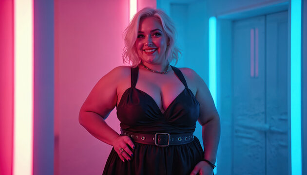 Confident plus-size model in black dress, platinum blonde hair, cyberpunk setting with neon lights. Vibrant portrait of woman with curves, exuding modern glamour, sensual elegance in futuristic