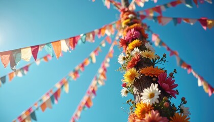 Festive maypole decorated with bright ribbons, vibrant spring flowers against clear blue sky. Colorful pole tradition, celebration, cultural heritage, perfect for joyous spring events, folk customs.