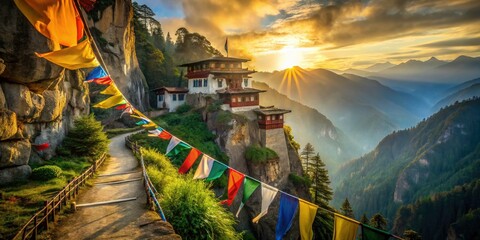 Low light captures Bhutan's Tiger Nest, prayer flags and breathtaking Himalayan scenery in serene beauty.