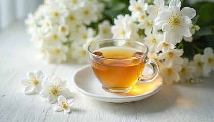 Fragrant jasmine tea in clear glass cup sits on white saucer beside delicate white blossoms. Aroma of herbal beverage suggests relaxation, morning freshness. Pure, organic, botanical drink healthy