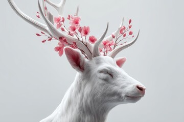 Elegant white deer head adorned with delicate pink blossoms.