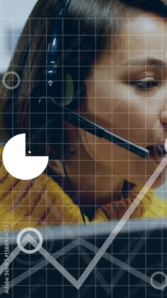Poster using headset, customer service representative with animation of data analytics graphics