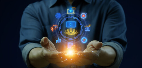 Online video, video content on social media channel, seo content for search engine optimization, online content promotion concept. Businessman shows online video icons concept on virtual screen.