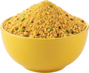 Yellow bowl overflowing with savory chickpea flour snack mix featuring nuts and seeds isolate