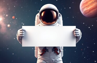 Astronaut holds blank white banner in cosmic space. Futuristic explorer with white mockup board. Promotional advertising frame for text, design, message. Science, universe exploration, galaxy.