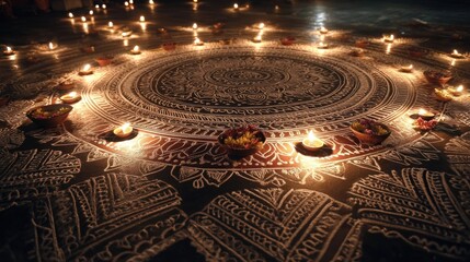 Obraz premium Captivating view of a traditional rangoli design at night where soft candlelight from circular diyas enhances the intricate patterns. The play of light and shadow creates a magical
