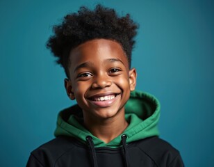 Smiling African American boy teenager with curly black hair in black sweatshirt green hood. Studio portrait of happy cheerful youth person, head shot in casual attire. Boy shows positive expression,