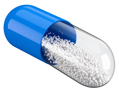  Single blue and white capsule opened with micro granules spilling out, isolated on transparent background, 3D render