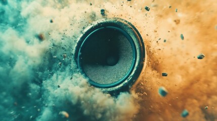 Vibrating speaker with colorful dust particles during sound tests