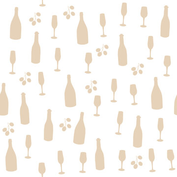 Seamless beige vector pattern with hand drawn silouettes of wine and champagne bottles for packaging, menus, wine-themed invitations, restaurant branding