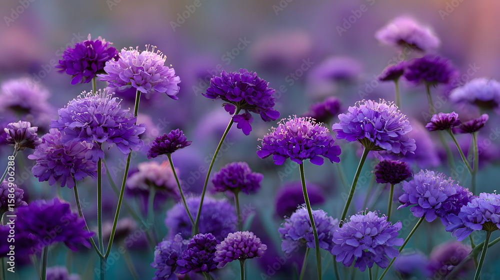 Poster vibrant purple flower field with blurred background and soft bokeh effects in a natural setting copy