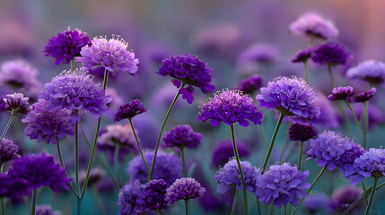 Obraz premium Vibrant purple flower field with blurred background and soft bokeh effects in a natural setting Copy Space