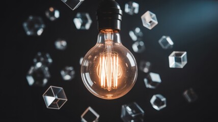 A glowing Edison bulb surrounded by floating geometric crystals against a dark backdrop