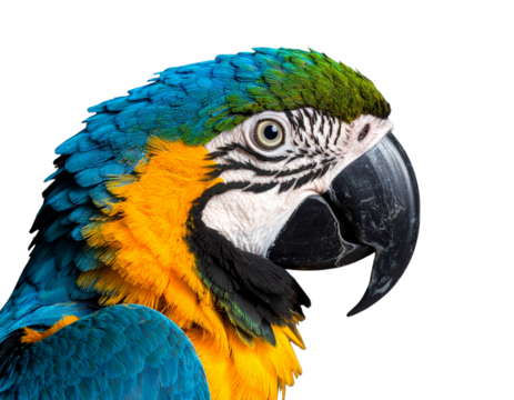 Studio portrait of exotic parrot on dark background with side glance and intense lighting