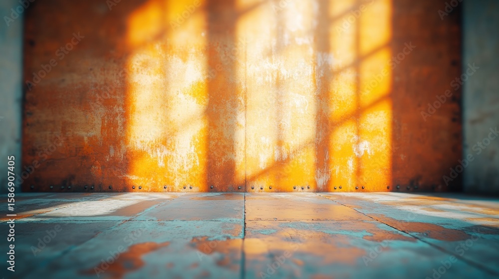 Poster sunlight casting warm patterns on a rustic wall and floor in an industrial space