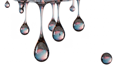 Close-up of glistening water droplets hanging and falling against a white background.