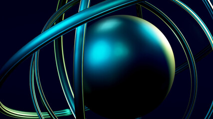 Abstract Teal Sphere Orbiting Rings - 3D Render Technology Futuristic Design