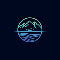 Scenic logo depicting a sunrise or sunset over mountains and a serene sea, framed in a circle. Ideal for travel, outdoor, or nature brands.
