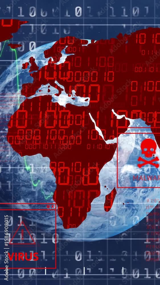 Poster Digital security warnings and binary code animation overlaying world map