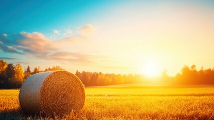 Golden sunset over a hay bale in a tranquil field during late afternoon