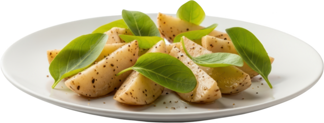 Sliced potatoes seasoned with pepper and garnished with fresh basil leaves on a white plate transparent background