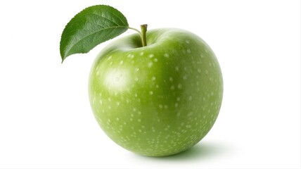 A fresh green apple with a single leaf, showcasing its vibrant color and smooth texture against a white background