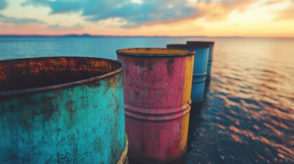 Naklejka premium Colorful barrels line the shore at sunset near the calm water