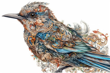 The image is an artistic fantasy illustration of a bird, made in digital graphics with elements of baroque and steampunk.  