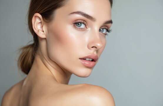 Beautiful young woman with flawless skin, plump lips poses against grey background. Fingers touch eyebrow, natural beauty, perfect facial features. Focus on smooth complexion, ideal for skincare,