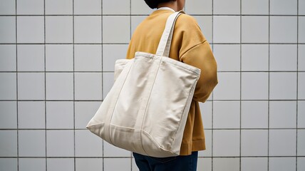 Person carrying large white canvas tote bag in urban minimal style
