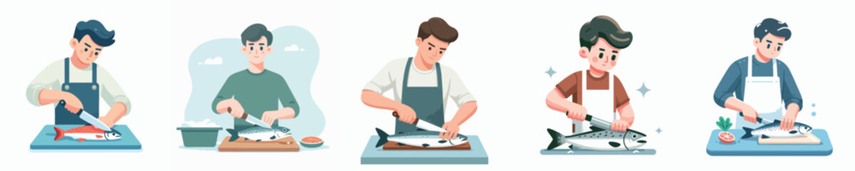 vector character of young man cutting fish
