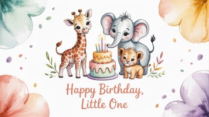 Adorable baby animals celebrating a birthday with a colorful cake and festive decorations