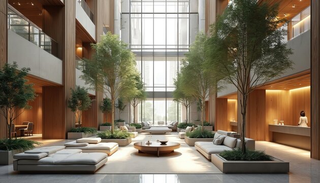 Modern interior design with open atriums, floor-to-ceiling windows, sustainable materials, offering comfort, service. Features spacious layout, natural light, plants, inviting ambience for relaxation.