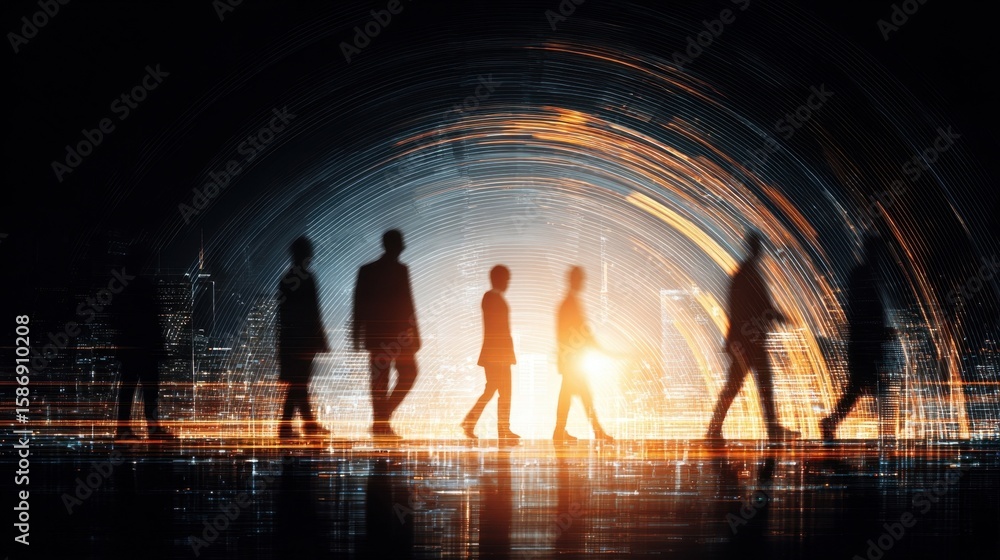 Poster a silhouette of business leaders traverses a hightech archway pulsing with light and data visuals il